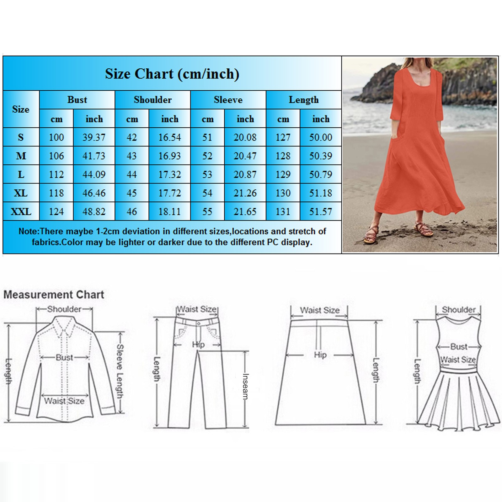 thumbnail image 3 of Vestido boho de manga 3/4 y cuello redondo con bolsillos para mujer - Color liso, corte holgado, vestido veraniego informal con estampado floral, 3 of 4